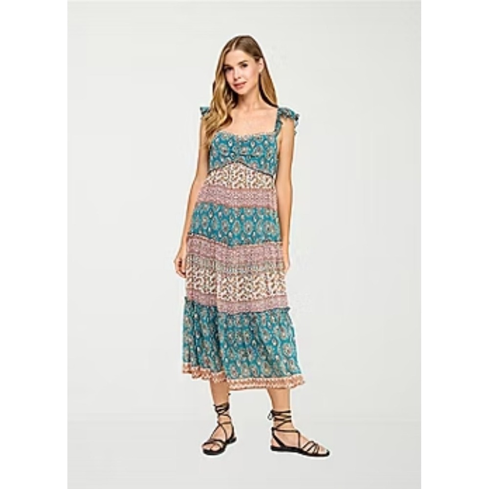 Bohemian Peasant Prairie Midi Dress Euro Summer Paisley Floral Cottage ‎ Size S